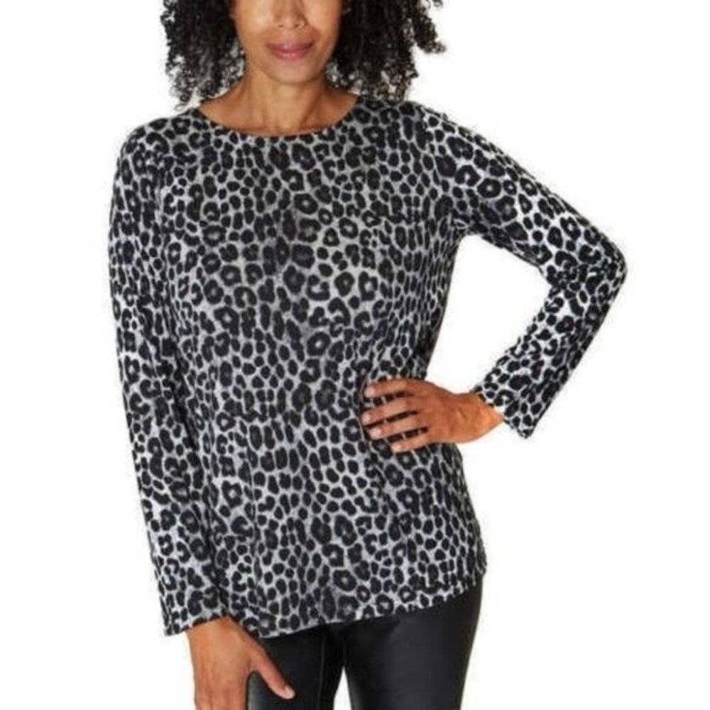 Mario Serrani Womens Top Medium Black White Leopard Print Long Sleeve Casual